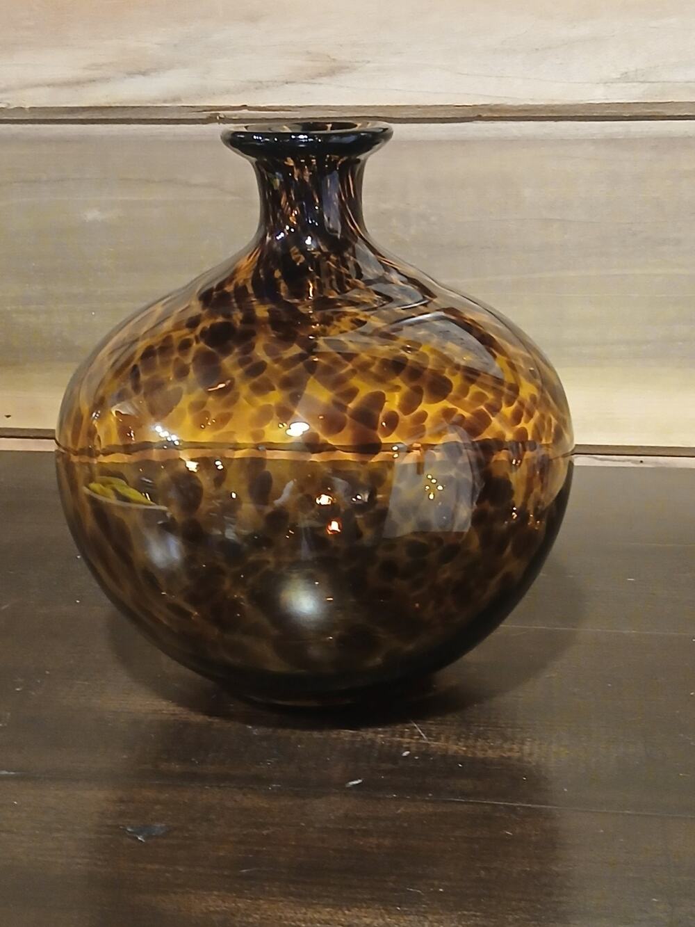 Vintage Tortoiseshell Blown Glass Vase 8" Large Leopard Amber Brown Squat Onion